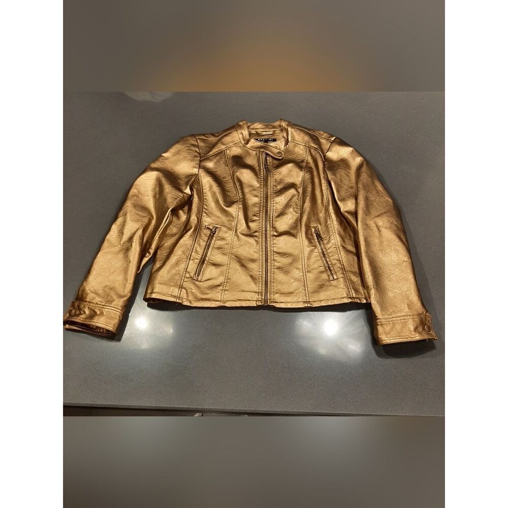 Baccini Gold Metallic Moto Jacket Petite XL Cropped Zip Up Statement Coat